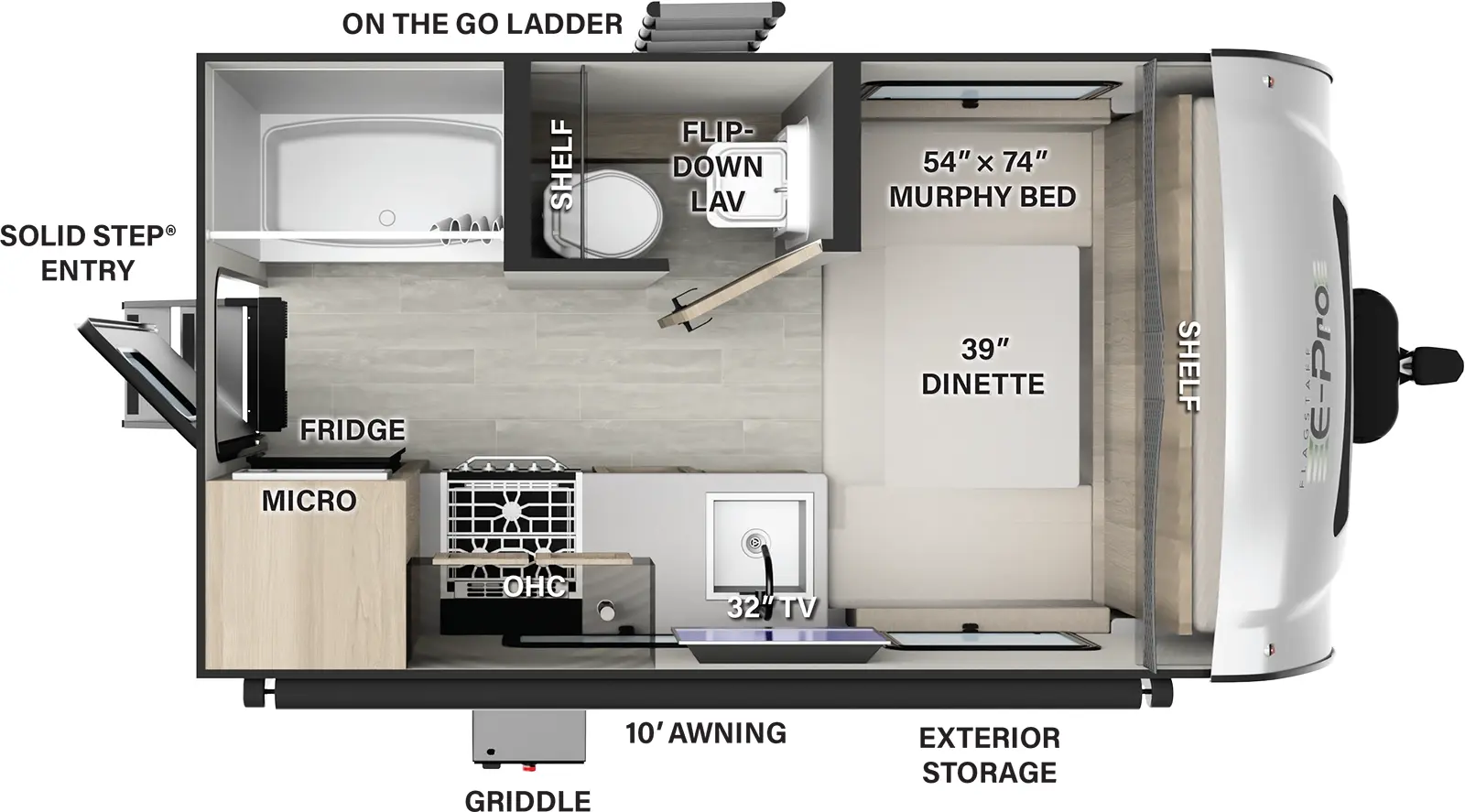 The E15FD has zero slideouts and one entry. Exterior features a 10 foot awning, griddle, exterior storage, off-door side on the go ladder, and rear solid step entry. Interior layout front to back: dinette/murphy bed with shelf above; off-door side room with toilet, shelf and flip-down lavatory only, and a rear shower; door side kitchen counter with sink, TV above, overhead cabinet, cooktop, microwave, and refrigerator; rear entry.